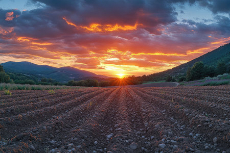 Plowed rows in a field are catching the last rays of a vibrant sunset over a picturesque countryside with mountains and treesの素材