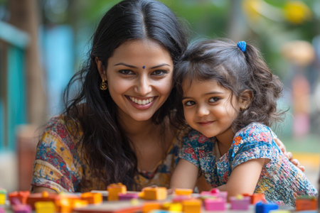 Portrait of smiling young Indian mother and daughter playing with colorful wooden building blocksの素材