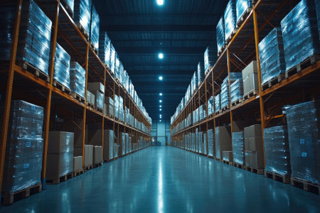 Goods wrapped in plastic film waiting for shipping in distribution centerの素材