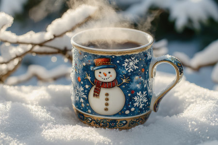Blue christmas mug with snowman design emitting steam in a snowy winter setting, creating a cozy and festive atmosphereの素材