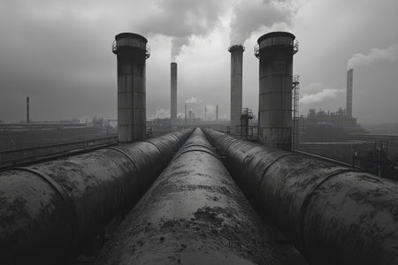 Large industrial pipes leading towards a power plant emitting smoke, captured in a dramatic black and white photographの素材