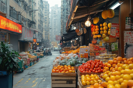 Vibrant fruits and vegetables are displayed outside a shop in a traditional Hong Kong market on a rainy dayの素材