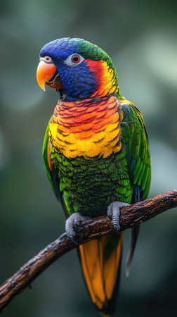 Rainbow lorikeet showcases its vibrant colors while perched on a branchの素材