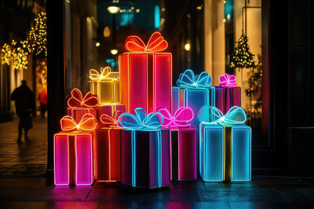 Colorful neon Christmas presents create a vibrant holiday display, adding a modern twist to traditional festive decorの素材