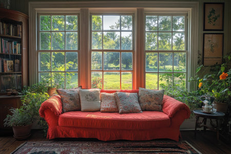 Red sofa placed in front of three large windows overlooking a sunny green garden in a cozy living roomの素材