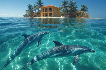 Two dolphins are swimming in the turquoise water near a small tropical island with palm trees and a luxury villaの素材