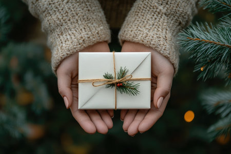 Woman wearing a beige woolen sweater is holding a white Christmas gift decorated with natural twine, pine twig and red berriesの素材