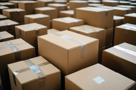 Packed cardboard boxes taped and ready for shipment in large distribution warehouseの素材