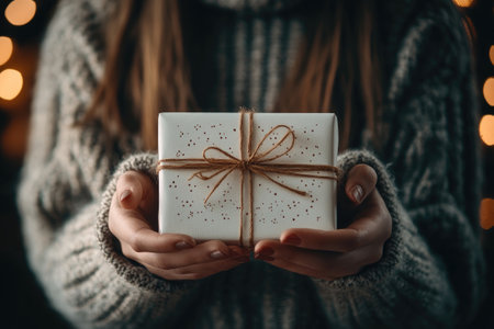 Woman wearing cozy wool sweater is holding christmas gift box with string and golden dotsの素材