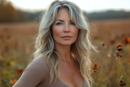 Mature woman with flowing gray hair stands confidently in a field of wildflowers, enjoying the warm glow of the setting sunの素材
