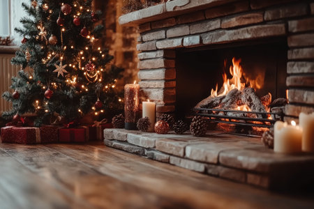 Christmas tree with fairy lights and presents near fireplace burning with warm fire, creating cozy Christmas atmosphereの素材