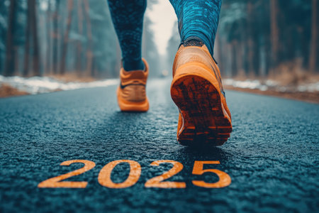 Athlete is running on a road towards the year 2025, symbolizing future goals, fitness aspirations, and new beginningsの素材