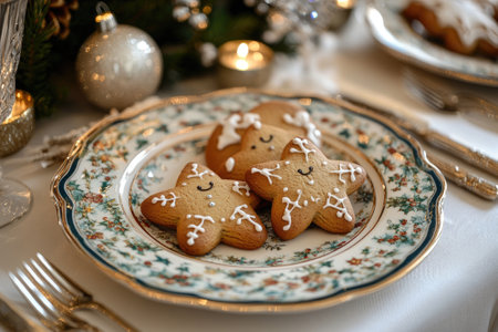 Delicious star-shaped gingerbread cookies decorated with icing on a festive table setting create a warm Christmas atmosphereの素材