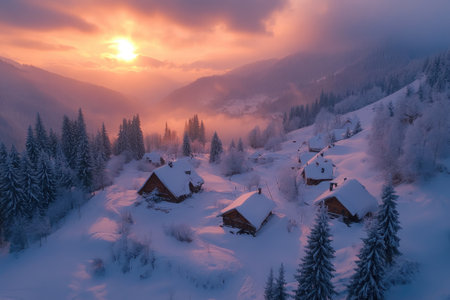 Stunning winter sunrise casting a warm glow over a picturesque mountain village nestled amidst snow-covered pine treesの素材