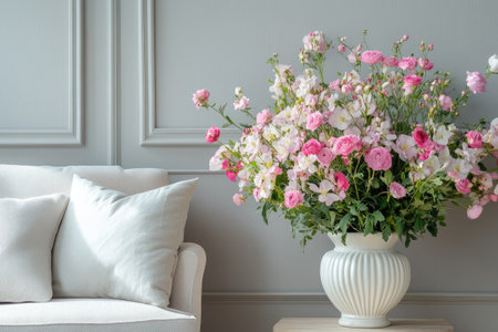 Pink and white flowers arranged in white vase add a pop of color to a gray living room, creating a fresh and inviting atmosphereの素材
