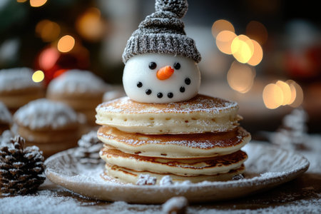 Stack of delicious pancakes with powdered sugar and a cute snowman face on top, creating a festive Christmas breakfast treatの素材