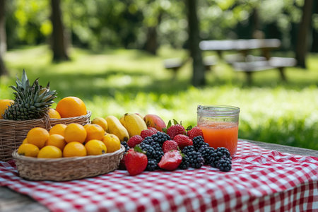 Baskets of oranges, pineapple, bananas, and a mix of berries and a jar of juice create a vibrant display on a checkered tablecloth for a delightful outdoor picnicの素材