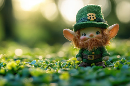 Cute leprechaun toy wearing traditional green suit and hat stands in a patch of cloverの素材