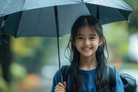 Happy student girl holding umbrella and wearing backpack, enjoying rainy dayの素材