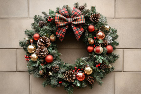 Beautiful christmas wreath hanging on a stone wall, decorated with colorful ornaments, a festive bow, and natural pine conesの素材