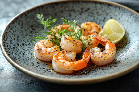 Delicious grilled shrimps with lemon and dill garnish served on a modern ceramic plate, healthy seafood mealの素材