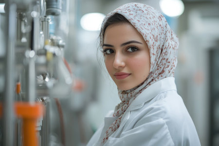 Focused female scientist wearing hijab and lab coat, performing experiment using advanced equipment in modern laboratoryの素材