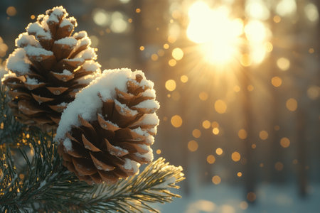 Two pine cones covered with snow on a pine branch in a winter forest with golden sunlight and bokeh effectの素材