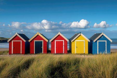Five vibrant beach huts stand on a grassy dune, overlooking a beautiful beach and ocean under a cloudy skyの素材