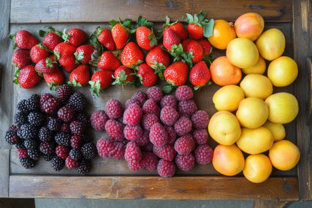 Vibrant display of fresh strawberries, blackberries, raspberries, and apricots arranged on a rustic wooden table, showcasing the colorful bounty of summerの素材