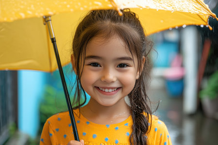 Happy little girl holding a yellow umbrella and smiling in the rainの素材