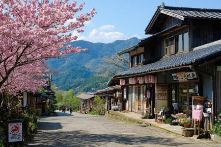 Traditional Japanese shops line a street with cherry blossoms in bloom and mountains in the backgroundの素材