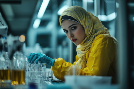 Young chemist in protective clothing making experiments with toxic substances in modern labの素材