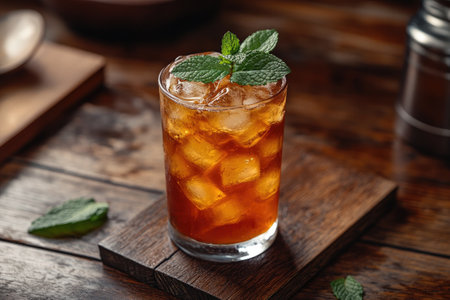 Refreshing iced tea served in a glass with ice cubes and garnished with fresh mint leaves, placed on a rustic wooden tableの素材