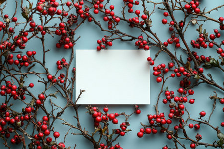 Christmas card mockup with natural branches of red berries on light blue background, winter holidays greeting card templateの素材
