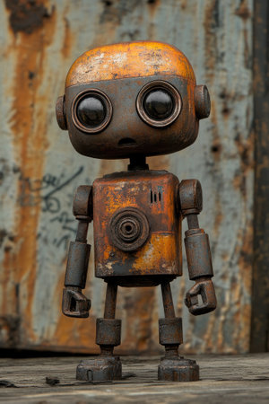Small rusty orange and gray robot standing still on wooden surface with rusty metal wall in backgroundの素材