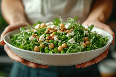 Chef presenting a healthy and vibrant green pea salad, featuring chickpeas, feta cheese, and walnuts, promoting fresh and nutritious cuisineの素材