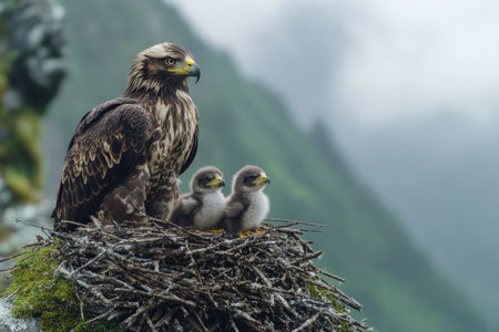 White-tailed eagle parent watching over two chicks in a mountaintop nestの素材
