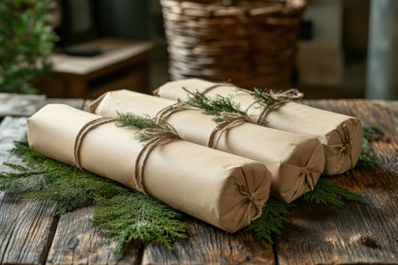 Cylindrical christmas presents wrapped in simple brown paper and tied with twine, decorated with fresh evergreen sprigs, resting on a rustic wooden tableの素材