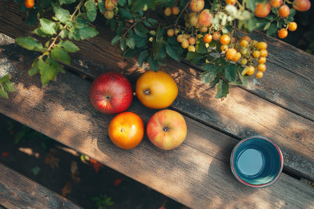 Colorful apples and a small blue ceramic bowl rest on a weathered wooden table beneath a branch laden with yellow berriesの素材
