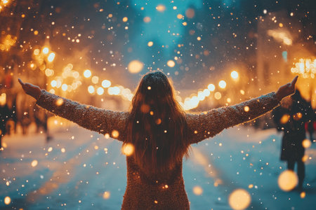 Woman opening arms under falling snow in a city street at night, enjoying winter holidaysの素材