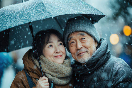 Smiling senior couple enjoying snowfall in winter city, sharing umbrella, looking awayの素材
