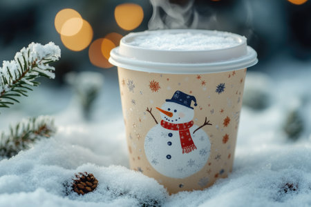 Festive snowman coffee cup radiating warmth amidst snowy Christmas setting with bokeh lightsの素材