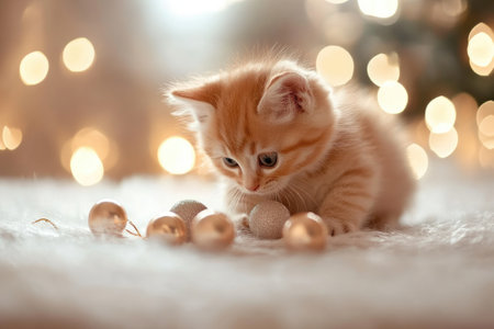 Adorable ginger kitten enjoying Christmas decorations on a soft white blanket, creating a heartwarming holiday sceneの素材