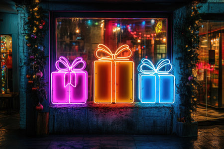 Vibrant neon Christmas gift boxes glowing on a brick wall create a festive atmosphereの素材