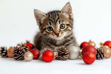 Adorable tabby kitten resting amid festive Christmas ornaments and pine cones, creating a heartwarming holiday sceneの素材