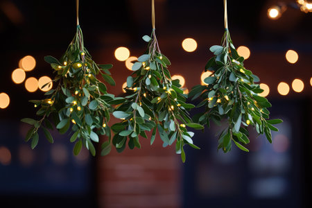 Three mistletoe bunches adorned with fairy lights hang against a blurred background of warm, inviting bokeh, evoking the spirit of Christmasの素材