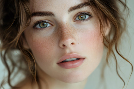 Beautiful young woman with natural look, freckles, green eyes and healthy skinの素材