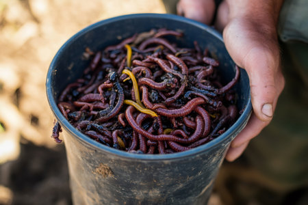 Farmer holding a bucket full of composting worms, including red wigglers and European nightcrawlersの素材