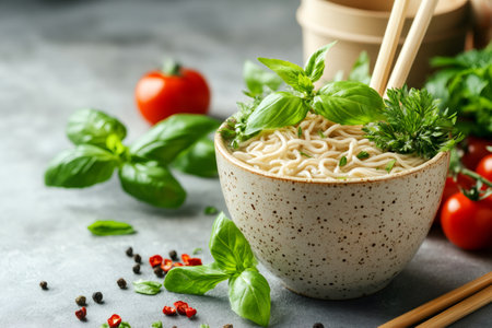 Delicious noodles with basil and chopsticks are waiting in a bowl on a gray table with tomatoes, pepper and parsleyの素材