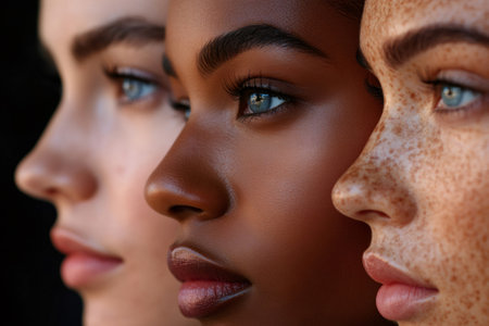 Close-up of three diverse models showcasing flawless skin and makeup, highlighting natural beauty and inclusivity in cosmeticsの素材